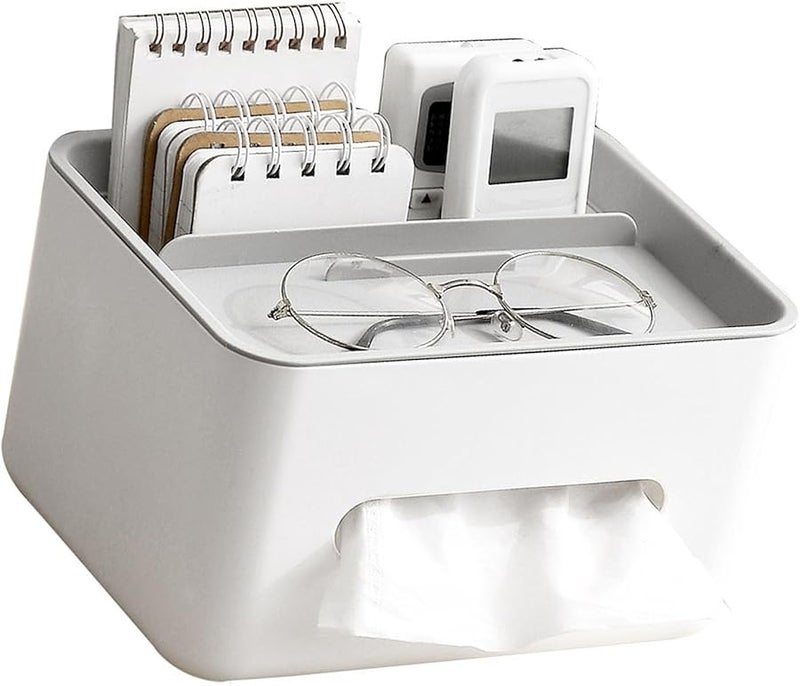 غطاء صندوق المناديل متعدد الوظائف مع حامل جهاز التحكم عن بعد قاعدة بيضاء غطاء رمادي لغرفة المعيشة والمكتب - Image 3